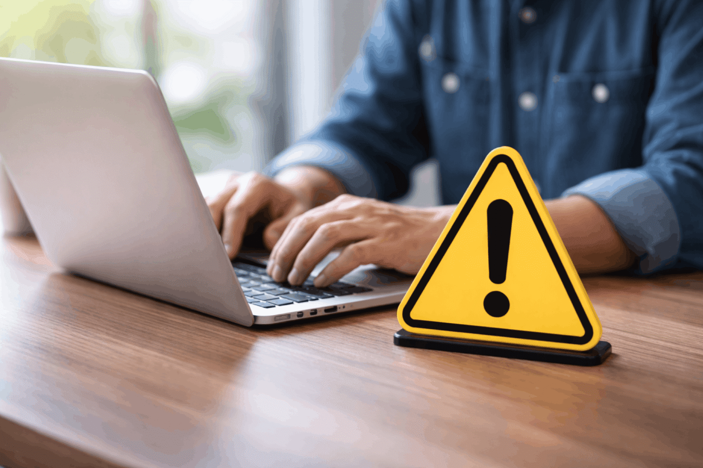 Person sitzt an einem Tisch und schreibt am Laptop. Neben Ihr ein warnendes Ausrufezeichen-Schild.